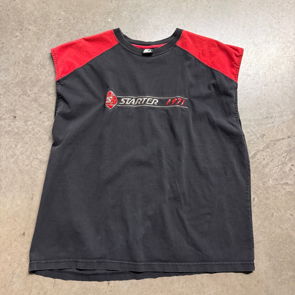 Starter Mens Sleeveless Muscle T-Shirt Black Red Embroidered Logo Size Large